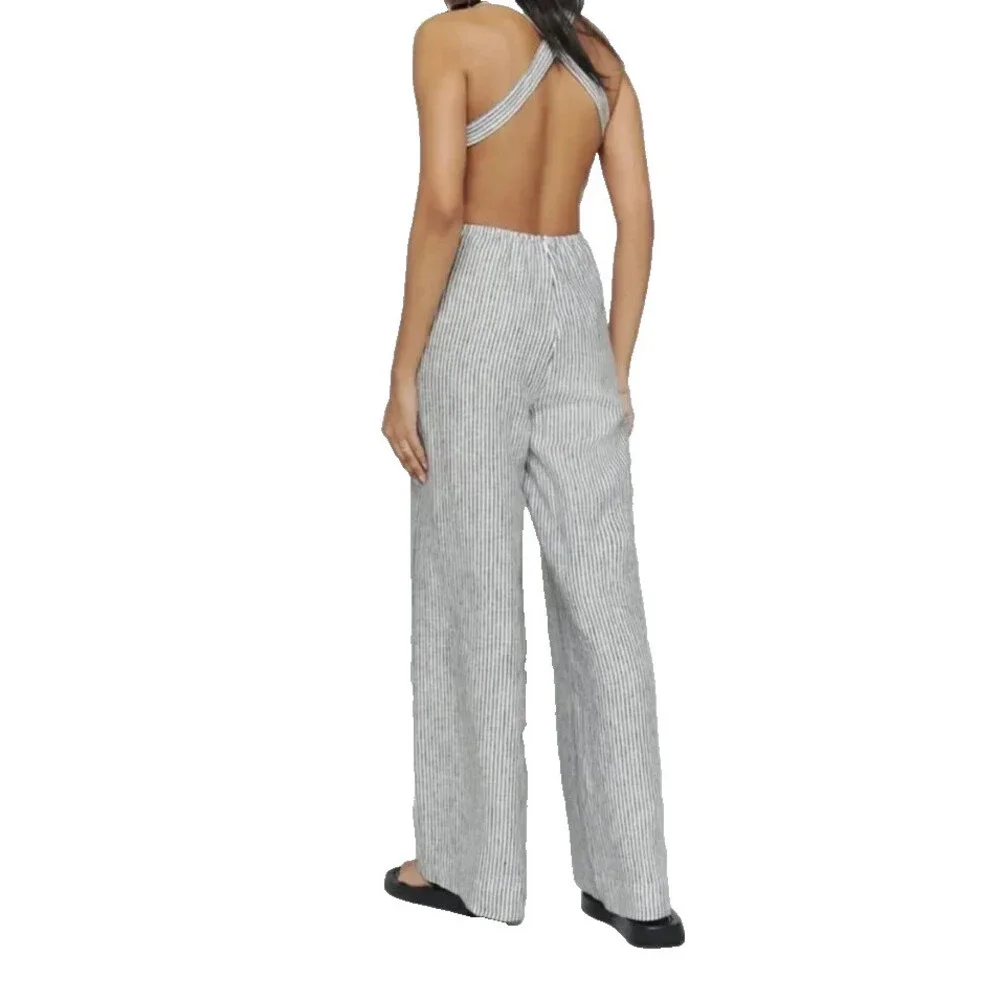 Reformation Women's Autumn Linen Jumpsuit Vineyard Stripes Open Back Size 8 NWT